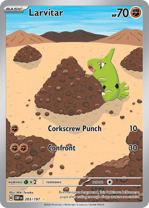 Pokémon Obsidian Flames Larvitar card, a single trading card from the Pokémon brand, featuring Larvitar in detailed artwork.