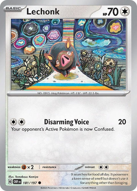 Pokémon Obsidian Flames Lechonk single card featuring a Lechonk Pokémon in vibrant artwork.