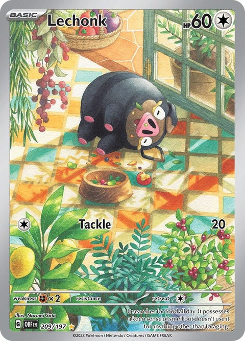 Pokémon Obsidian Flames Lechonk single card featuring detailed artwork of Lechonk from the Pokémon trading card series.