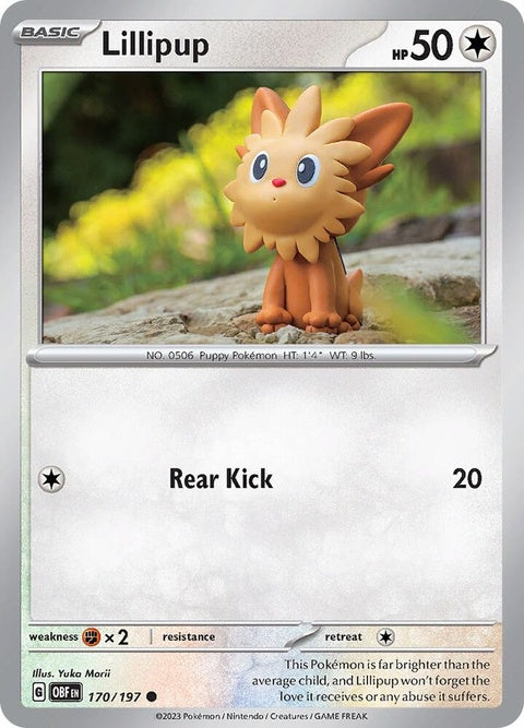 Pokémon Obsidian Flames Lillipup 170 single card featuring a small, brown Pokémon with a cheerful expression and a grassy background.