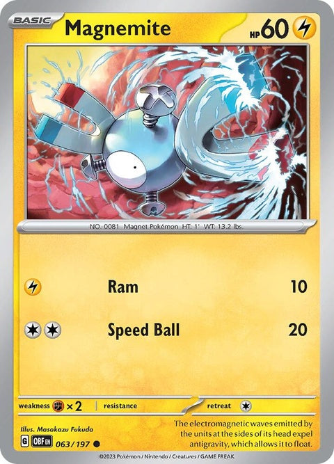 Pokémon Obsidian Flames Magnemite card, number 63, featuring a detailed illustration of the Electric/Steel-type Pokémon.