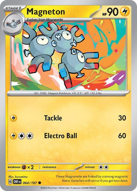 Pokémon Obsidian Flames Magneton card, 64/64, featuring a metallic Electric/Steel Pokémon with three magnetic coils.