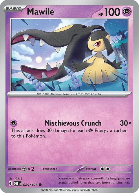 Pokémon Obsidian Flames Mawile 89 single card featuring a detailed illustration of Mawile in a dynamic pose.