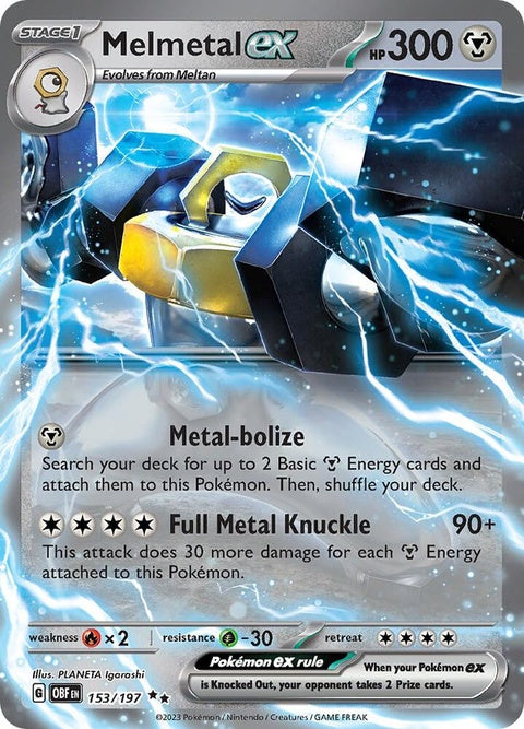 Pokémon Obsidian Flames Melmetal EX card, singles, vibrant artwork featuring a powerful metal Pokémon.