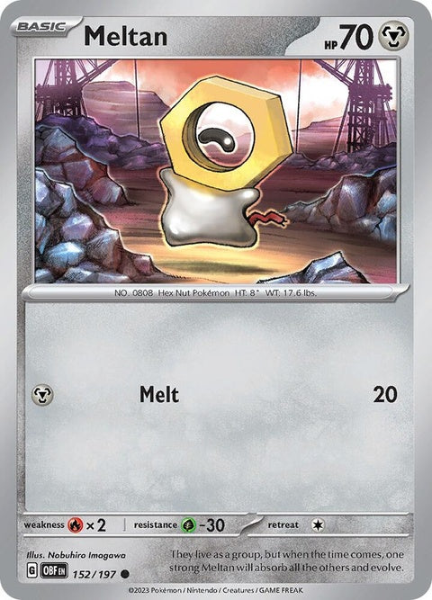 Pokémon Obsidian Flames Meltan single trading card, featuring artwork of the Electric Steel Pokémon.