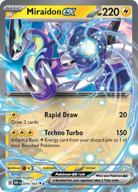 Pokémon Obsidian Flames Miraidon EX card from the Singles collection, featuring vibrant artwork of the electric dragon.