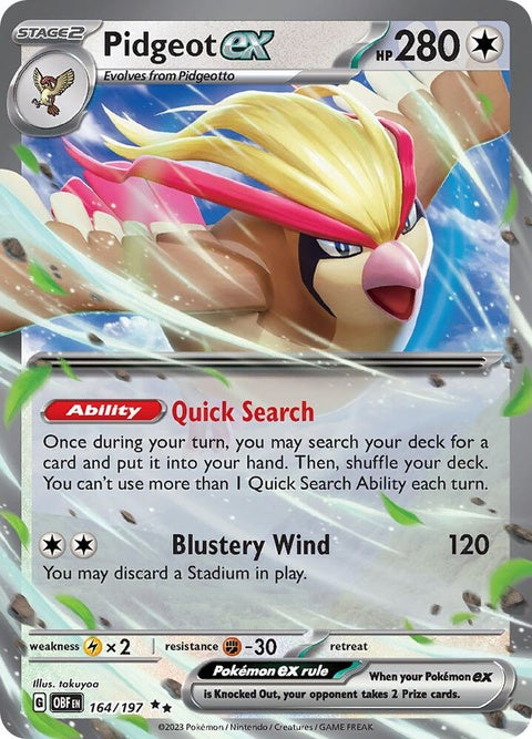Pokémon Obsidian Flames Pidgeot Ex single card featuring artwork of Pidgeot with vibrant flames in the background.
