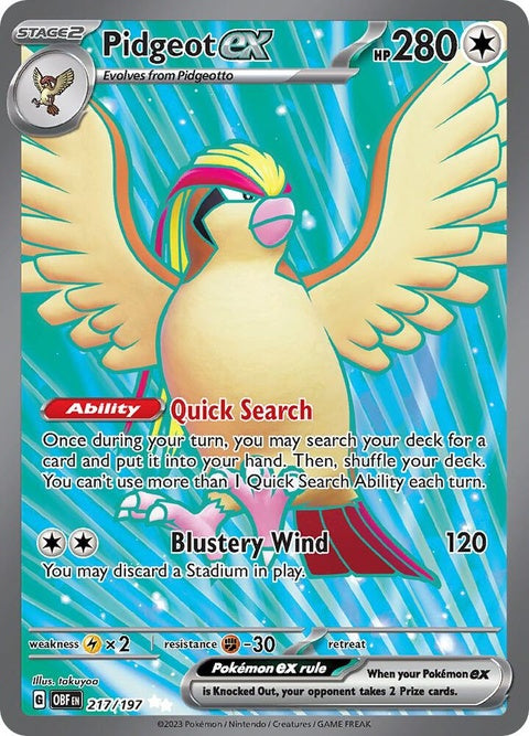 Pokémon Obsidian Flames Pidgeot EX card, featuring vibrant artwork of Pidgeot in a dynamic pose on a Pokémon Singles card.