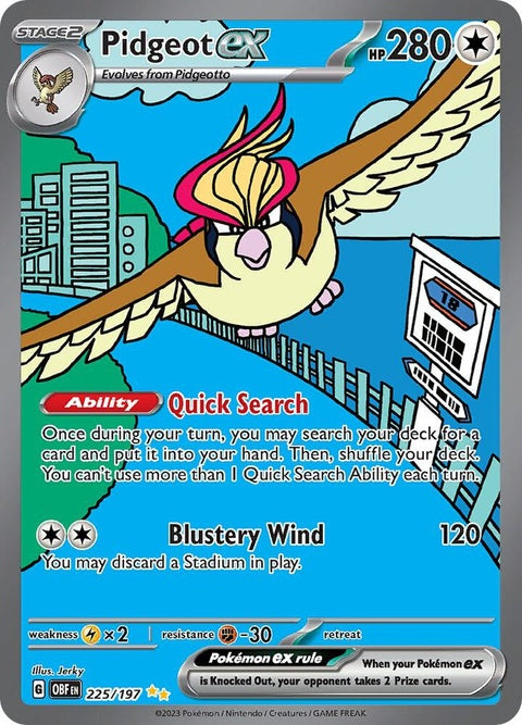 Pokémon Obsidian Flames Pidgeot EX single card featuring artwork of the flying bird Pokémon in vibrant colors