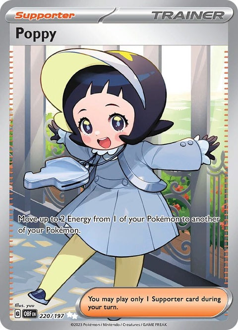 Pokémon Obsidian Flames Poppy single card featuring colorful Pokémon illustration on a vibrant background.