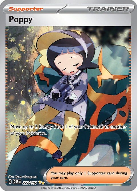 Pokémon Obsidian Flames Poppy single card featuring vibrant artwork of a character with fiery design on a dark background.