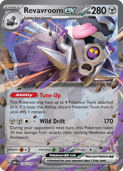 Pokémon Obsidian Flames Revavroom EX single card, featuring vibrant artwork of the Pokémon in dynamic pose.