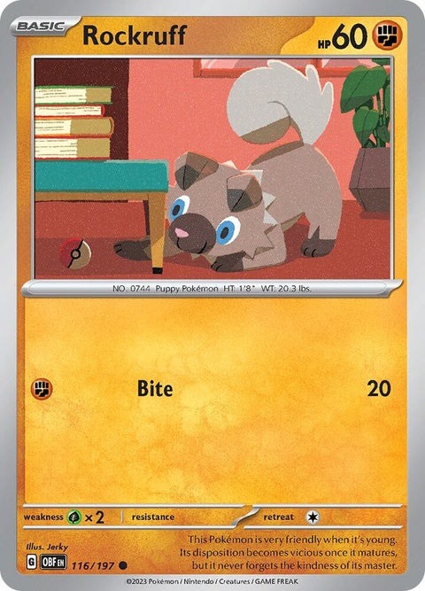 Pokémon Obsidian Flames Rockruff single card featuring artwork of the fiery Rockruff Pokémon from the Pokémon trading card game.