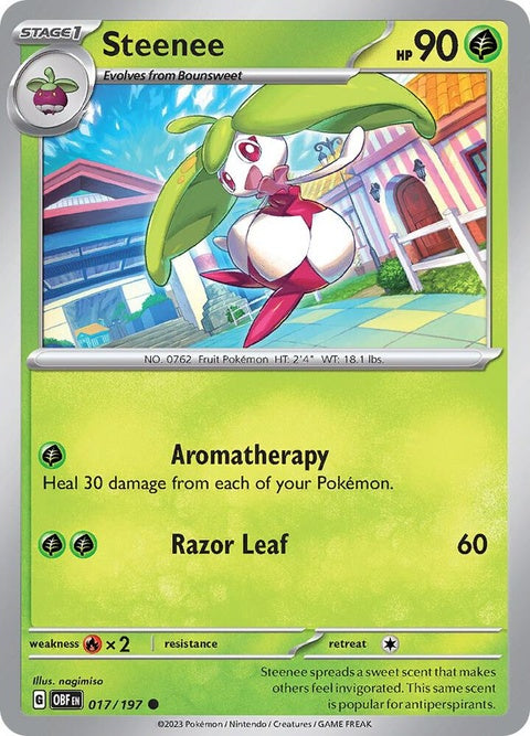 Pokémon Obsidian Flames Steenee single card, vibrant illustration with green and pink hues, detailed Pokémon character artwork.