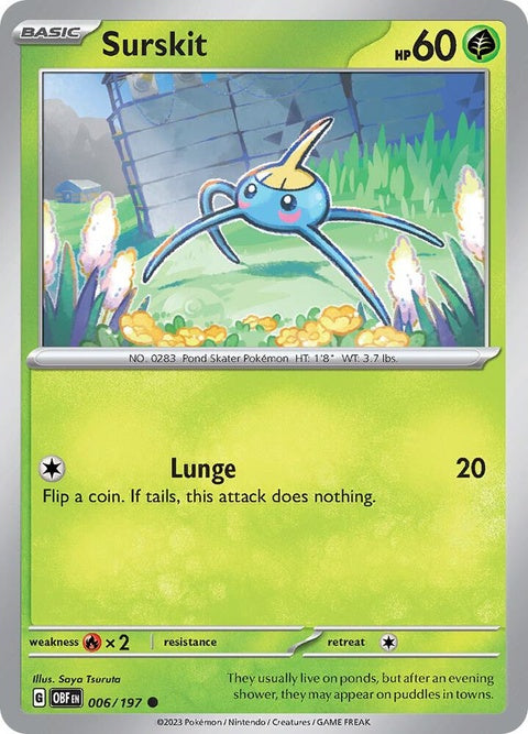 Pokémon Obsidian Flames Surskit card, single from the Pokémon trading card game, featuring artwork of a Surskit insect.