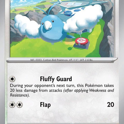 Swablu Pokémon card from Obsidian Flames set, featuring artwork of a blue bird with fluffy wings.
