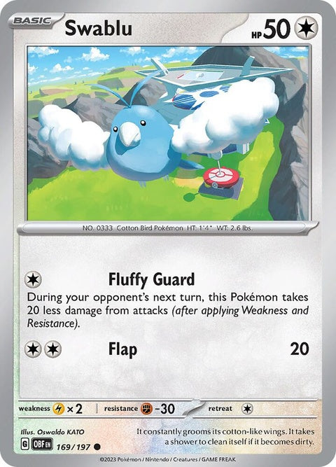 Swablu Pokémon card from Obsidian Flames set, featuring artwork of a blue bird with fluffy wings.