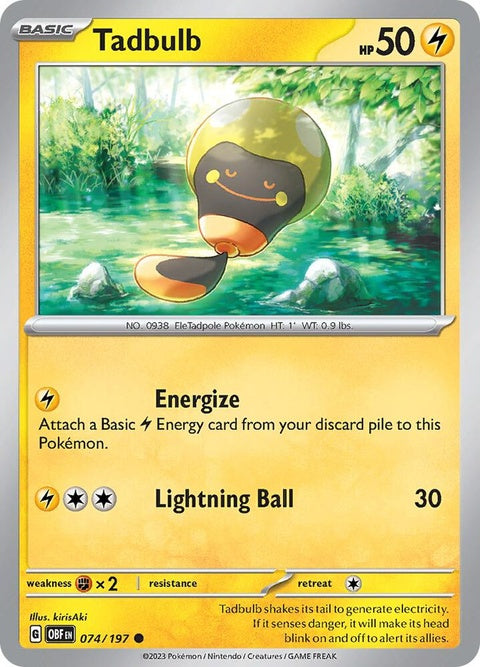 Pokémon Obsidian Flames Tadbulb 074/197 single card featuring artwork of a small electric and fire-type Pokémon.