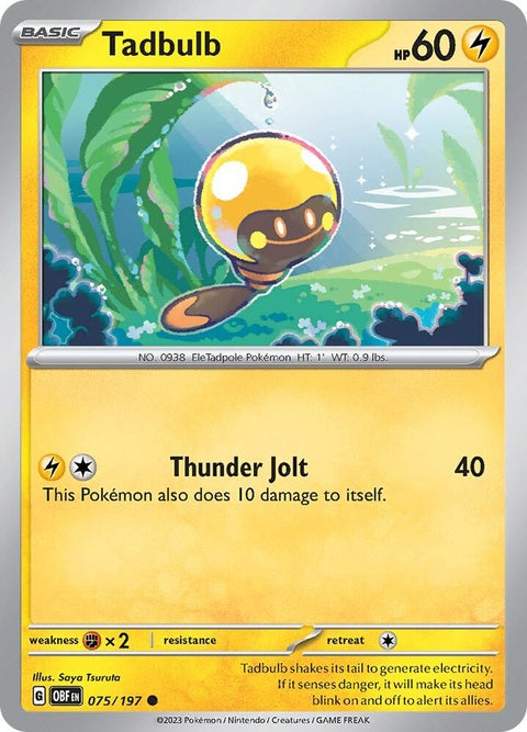 Pokémon Obsidian Flames Tadbulb 075/197 single card featuring colorful artwork of Tadbulb Pokémon.