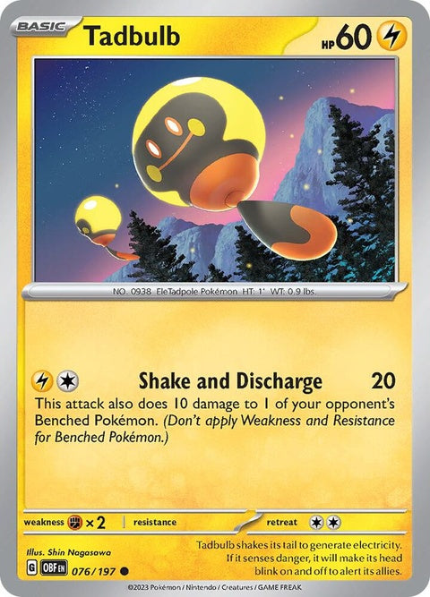 Pokémon Obsidian Flames Tadbulb 076/197 single card featuring the Pokémon Tadbulb in vibrant colors.