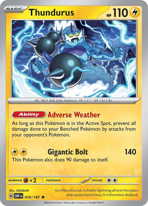 Pokémon Obsidian Flames Thundurus 70-card from the singles collection, featuring detailed artwork of the Electric/Flying Pokémon.