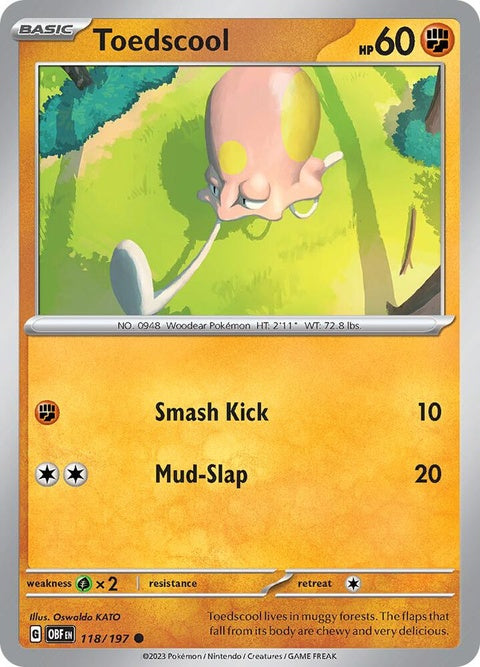 Pokémon Obsidian Flames Toedscool 118 single card featuring artwork of a blue, dinosaur-like Pokémon with flames on its tail.