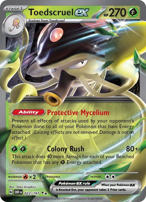 Pokémon Obsidian Flames Toedscruel EX single card, detailed illustration of the Pokémon with vibrant colors and dynamic pose.