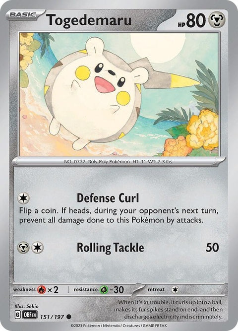 Pokémon Obsidian Flames Togedemaru 151 singles card featuring a detailed illustration of the Electric and Steel type Pokémon.