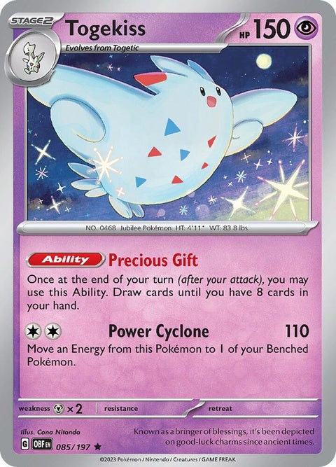Pokémon Obsidian Flames Togekiss 85 card, singles, featuring Togekiss with vibrant artwork and detailed design.