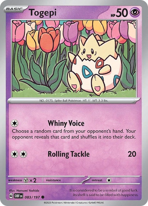 Pokémon Obsidian Flames Togepi 83 single card featuring Togepi with vibrant artwork and Pokémon branding.