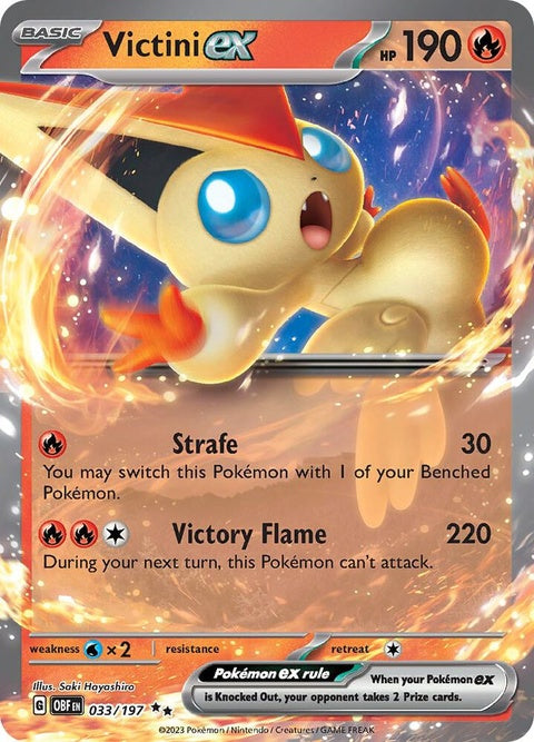 Pokémon Obsidian Flames Victini EX single card featuring vibrant artwork of the Fire-type Pokémon Victini in a dynamic pose.