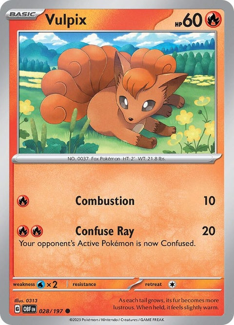 Pokémon Obsidian Flames Vulpix Pokémon card, showing artwork of Vulpix with fiery design and card details.