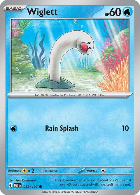 Pokémon Obsidian Flames Wiglett 58 singles card featuring artwork of a Wiglett Pokémon on a fiery background.