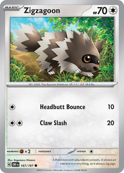 Pokémon Obsidian Flames Zigzagoon 167 single card featuring Zigzagoon illustration on a colorful background.