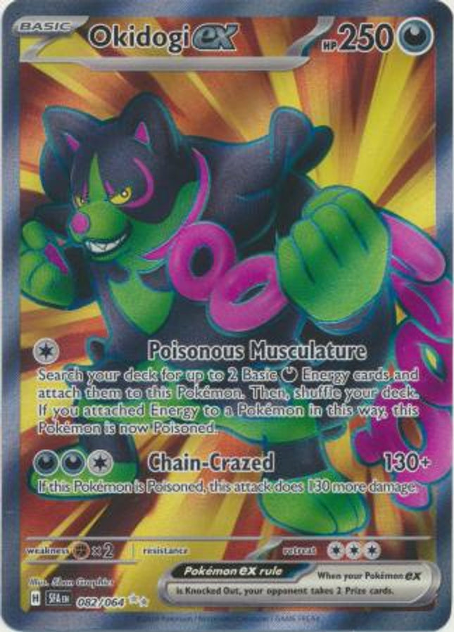 Okidogi ex 082/064 Full Art Holo Rare Pokémon card from Shrouded Fable set, featuring vibrant artwork and holographic details.