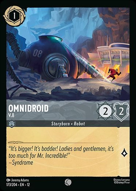 Disney Lorcana Omnidroid V.8 single card featuring a robotic battle droid with intricate mechanical details.