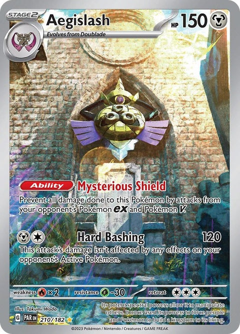 Pokémon Paradox Rift Aegislash card from the Singles series, featuring the Pokémon in a dynamic battle pose.