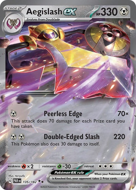 Pokémon Paradox Rift Aegislash EX card, singles, detailed illustration of the ghost and steel-type Pokémon in a dynamic pose