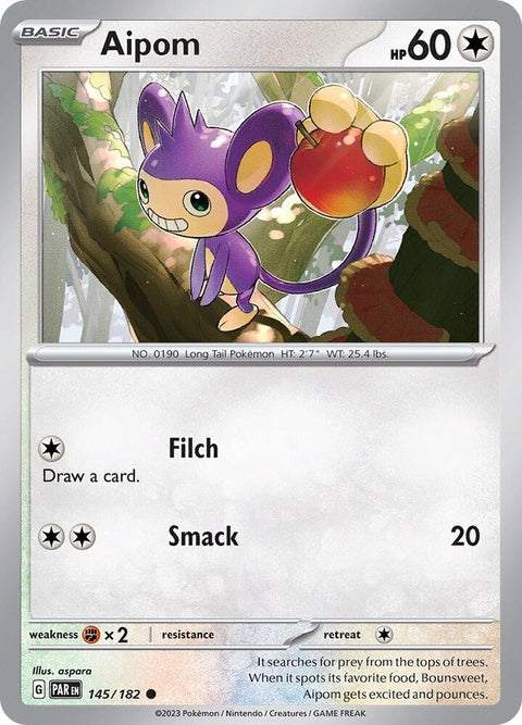 Pokémon Paradox Rift Aipom single card from the Pokémon brand featuring a detailed illustration of the ape Pokémon.