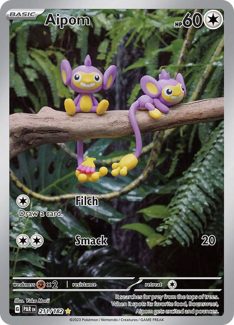 Pokémon Paradox Rift Aipom 211 single card featuring a detailed illustration of the Pokémon Aipom in a dynamic pose.
