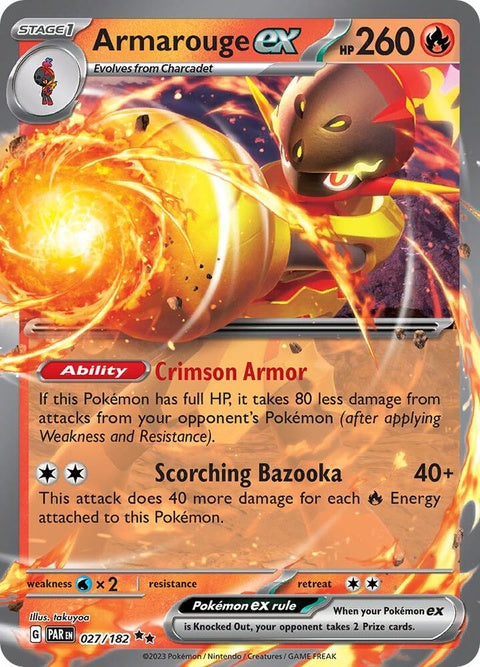 Pokémon Paradox Rift Armarouge EX single card featuring artwork of a fiery armored Pokémon with red and orange hues.