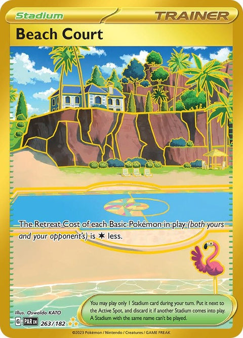 Pokémon Paradox Rift Beach Court single card featuring vibrant artwork and detailed design, part of the Pokémon trading card game.