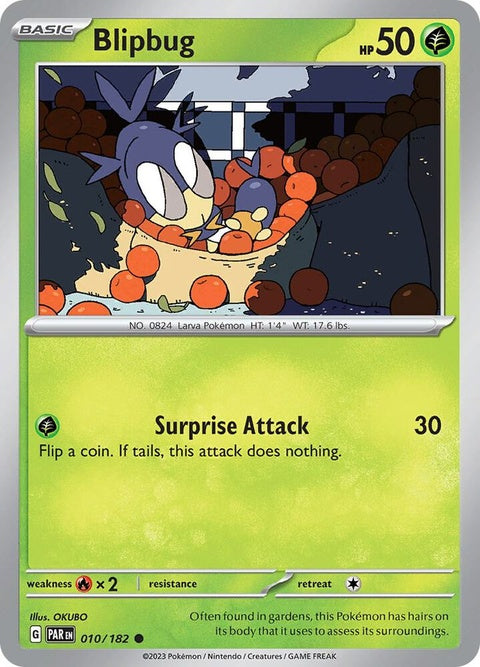 Pokémon Paradox Rift Blipbug single card, featuring artwork of the Bug Pokémon from the Pokémon trading card game.