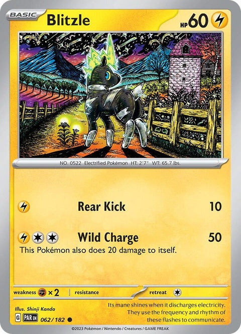 Pokémon Paradox Rift Blitzle single card, featuring artwork of the electric-type Pokémon in a dynamic pose.
