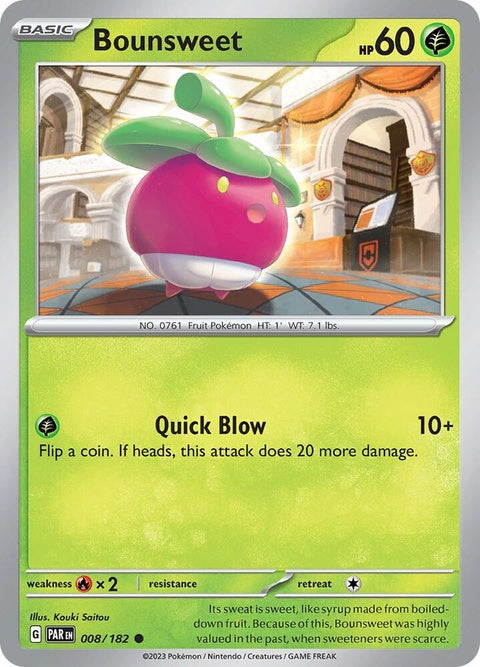 Pokémon Paradox Rift Bounsweet single card, detailed artwork, vibrant colors, from the Pokémon trading card game.