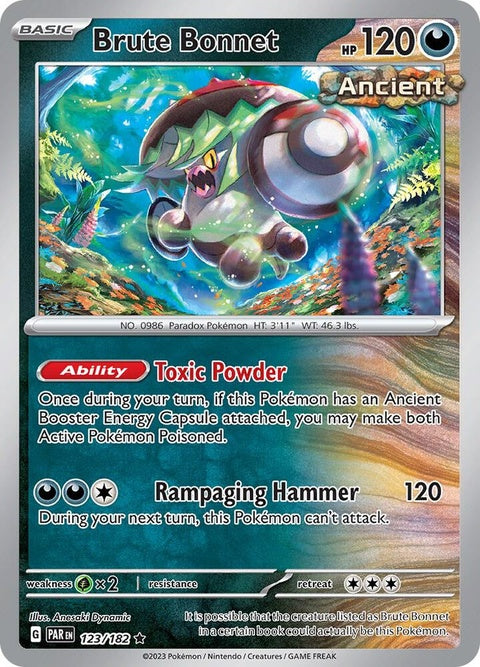 Pokémon Paradox Rift Brute Bonnet singles card featuring a detailed illustration of a fierce creature with a dark background.
