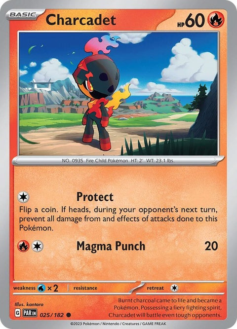 Pokémon Paradox Rift Charcadet single card, detailed illustration of the fire-type Pokémon from the Pokémon trading card game.