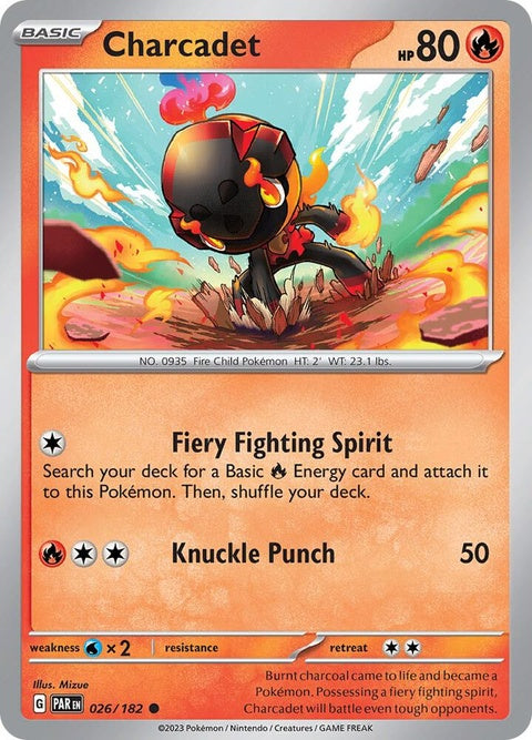 Pokémon Paradox Rift Charcadet single card featuring detailed artwork of the Fire and Fighting-type Pokémon.