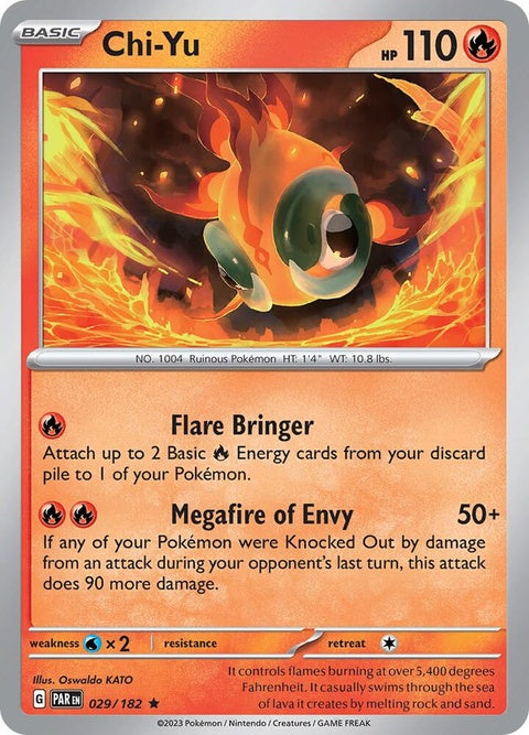 Pokémon Paradox Rift Chi-Yu single card, featuring vibrant artwork and detailed design on a black background.