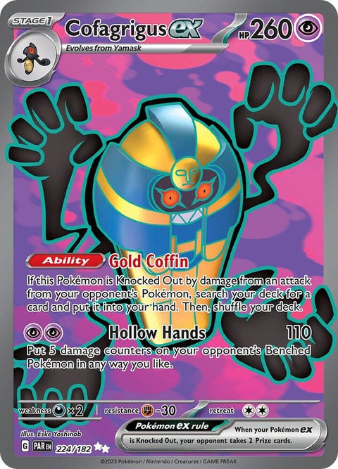 Pokémon Paradox Rift Cofagrigus EX card featuring detailed artwork of the Ghost and Steel-type Pokémon on a vibrant background.